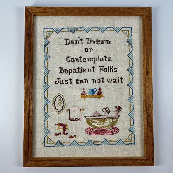 Vintage Framed Cross Stitch Sampler Art Bathroom Bathtub Needlepoint 12x15” - Picture 1 of 6